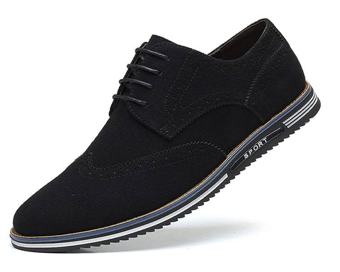 Black suede oxford shoe with perforated brogue detailing, lace-up front, and striped rubber sole with blue and gold accents.