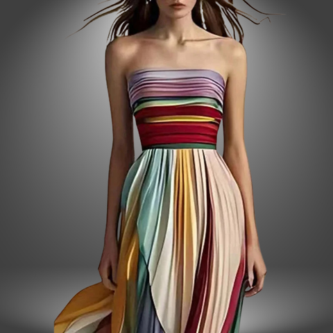 Woman wearing strapless dress with multicolored horizontal stripes across bodice and pleated skirt with vertical color