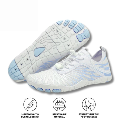 White and light blue athletic shoe with mesh upper and cushioned sole. Sole displays traction pattern in white and blue
