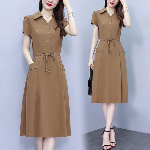Woman modeling tan button-up shirt dress with short sleeves, drawstring waist, and midi skirt length, shown in two views