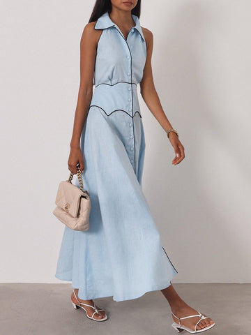 Steen | Kalila Kontrast-Ikonen-Kleid | Pastellblau/Marineblau