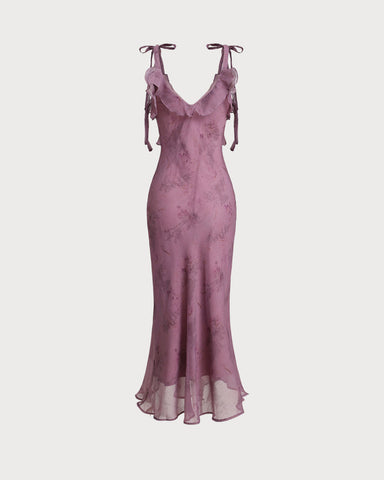 Vanessa | Lila Blumen-Rüschen-Trägermiddikleid