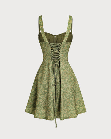 Stone | Grünes Blumenmuster Rüschen-Slip-Minikleid