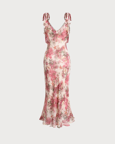 Weston | Pinkes Blumenmuster Rüschen-Träger-Midi-Kleid