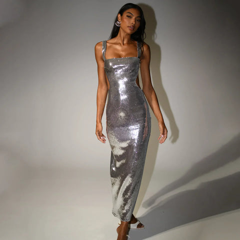 Foresa | Silbernes Maxikleid