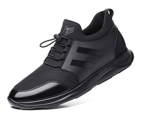 Black lace-up athletic sneaker with mesh and leather panels, featuring horizontal stripes on the side and a curved sole