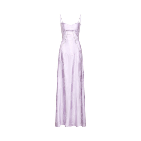 Lavender satin slip dress with thin adjustable straps, cowl neckline, and floor-length A-line skirt with side ruching detail.