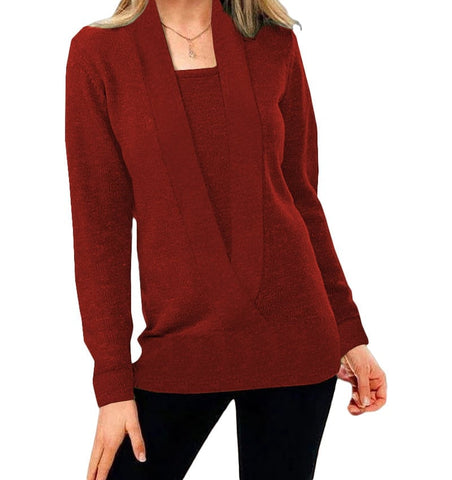 Woman wearing a deep red open-front cardigan over a matching square neckline top, paired with black pants.