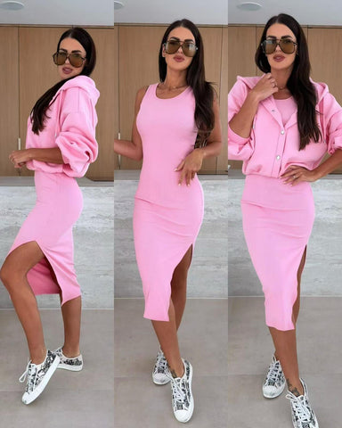 Woman wearing pink sleeveless midi dress styled three ways: with pink cardigan, alone, and with pink button-up shirt. White