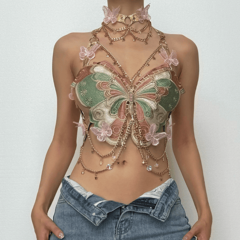 Shawna | Schmetterlingsstickerei Metallketten-Haltertop mit Choker
