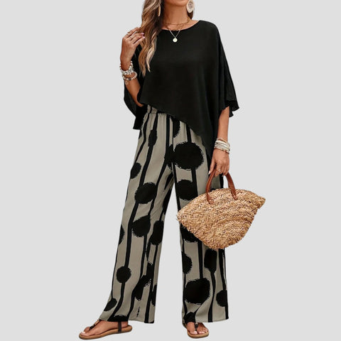 Willie | Modisches Damenset mit asymmetrischem Top und bedruckter Hose
