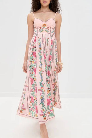 Sylas | Zartes Wald-Unikatmuster Sweetheart-Ausschnitt Perlenbesetzte Träger Maxikleid