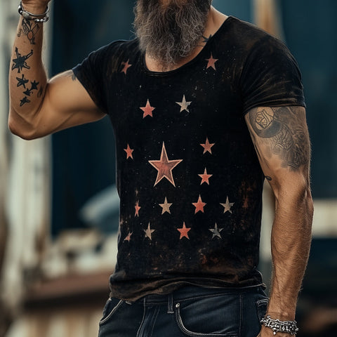 【24-hour shipping out】Men's Retro Casual Star Universe Printed Round Neck Short Sleeve T-Shirt MTA2112C7TO