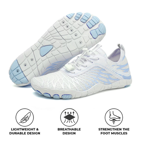 White and light blue athletic shoe with breathable mesh upper and white sole, shown from side angle with visible sole