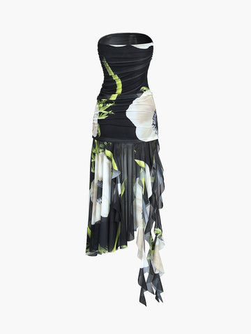 Gardenia | Verspieltes Midikleid mit Floral Mesh und Rüsche