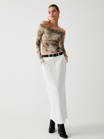 Emilia | Terrakottafarbenes Tüll-Netz-Off-Shoulder-Crop-Top mit langen Ärmeln