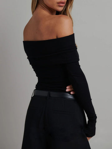 Mia | Schulterfreies überfaltetes Langarm-Crop-Shirt