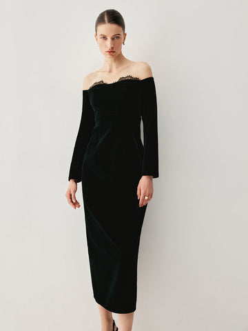 Clara | Elegantes schulterfreies Samt-Midikleid mit Patchwork-Schlitz