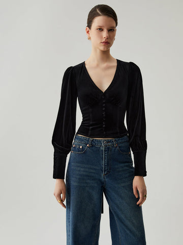 Rosalie | Samtiges Crop Top mit V-Ausschnitt und Knöpfen