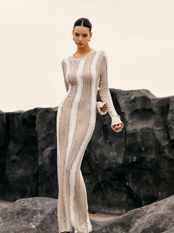 Lena | Jacquard Gestreiftes Häkel-Maxikleid