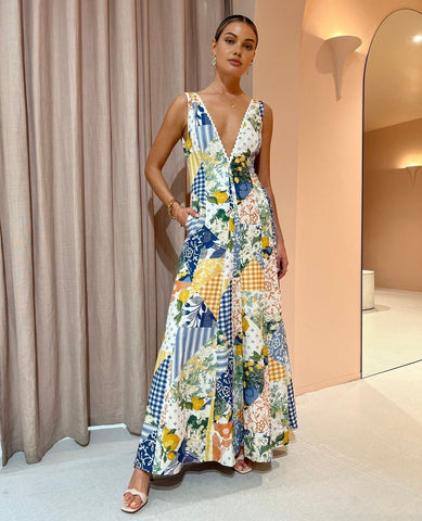 Livia | Luftiges Maxikleid mit Spitze und Lemonade-Druck