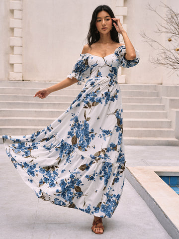 Elvira | Florales Maxi-Kleid mit Puffärmel