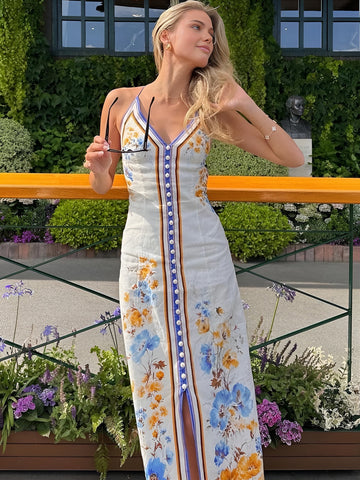 Clara | Lässiges langes Kleid mit Blumenmuster und Halfter