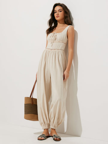 Sophie | Rückenfreier Baumwoll-Jumpsuit mit Bindegürtel