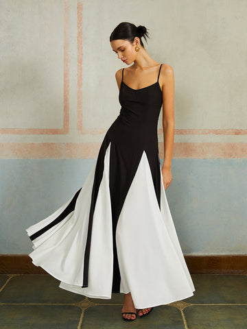 Livia | Farbblock Maxikleid mit Spaghetti-Trägern