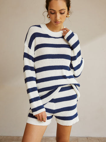 Leonie | Gestreiftes Rippstrick-Sweater-Shorts-Set