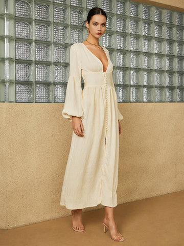 Clara | Boho-Kleid mit Laternenärmeln und langer Knopfleiste