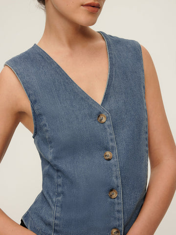 Jonas | V-Ausschnitt Denim-Weste mit Paspelknöpfen