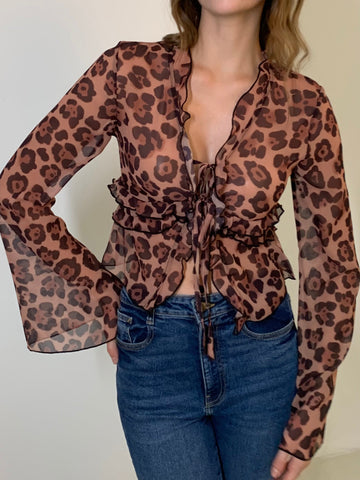 Verführerischer Charme | Leopardenmuster Semi-Transparentes Rüschenshirt