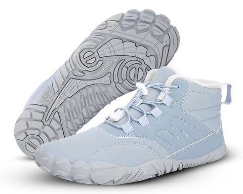 Light blue and white high-top winter boot with quilted upper, white lace-up closure, and thick white sole with textured