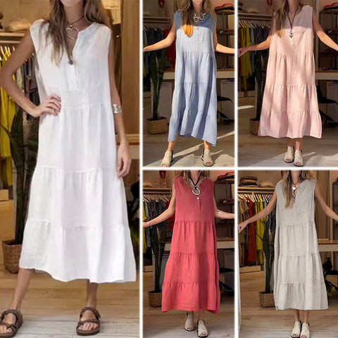 Five sleeveless midi dresses in white, blue, blush pink, coral red, and cream displayed on models in a clothing store, each