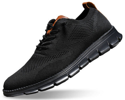 Black knit lace-up sneaker with brown suede collar trim and black segmented sole, shown at an angle against white background.