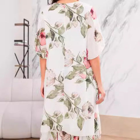 Donna | Damen-Loose-Rundhals-Mode-Premium-Chiffon-Print-Kleid