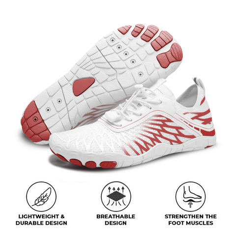 White and red running shoe with diagonal stripe pattern on upper, lace-up closure, and cushioned sole with red accents on