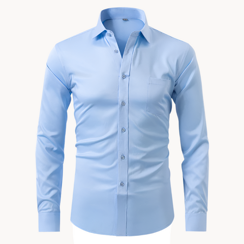Light blue button-up shirt with long sleeves, displayed flat against white background. Shirt features pointed collar, front