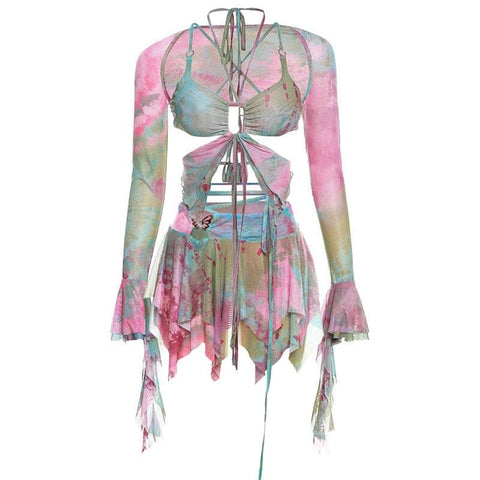 Trevor | Ausgestellter Ärmel Tie-Dye O-Ring Selbstbindung Halter Ausschnitt Minirock-Set