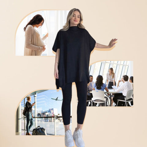 Woman wearing black oversized ribbed short-sleeve tunic with black leggings and white socks, posed with arm raised. Beige