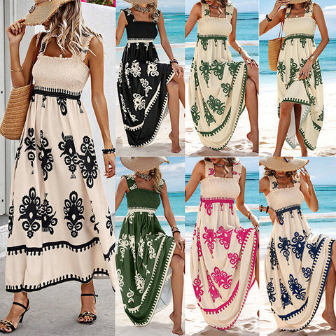 Grid showing nine women wearing sleeveless summer dresses with embroidered patterns in black, green, pink, and blue on cream
