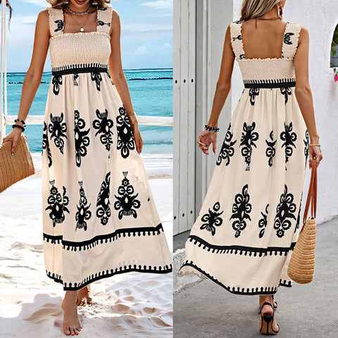 Woman wearing sleeveless cream maxi dress with black embroidered damask pattern and pom-pom trim, shown front and back views