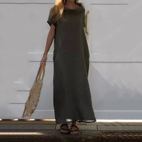 Dona | Damen-Freizeitkleid aus Baumwolle und Leinen mit Wasserfallausschnitt