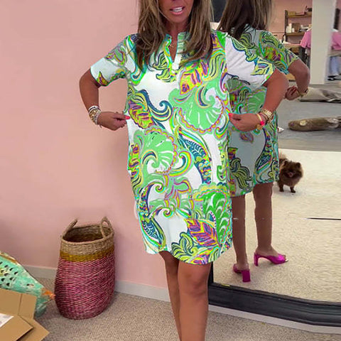 Manuela |  Neue Produkte Damenkleid mit buntem Druck und Spitzausschnitt