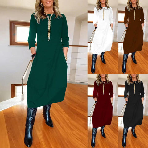 Zechariah |  Damen einfarbiges Abendkleid mit Rundhalsausschnitt und Taschen