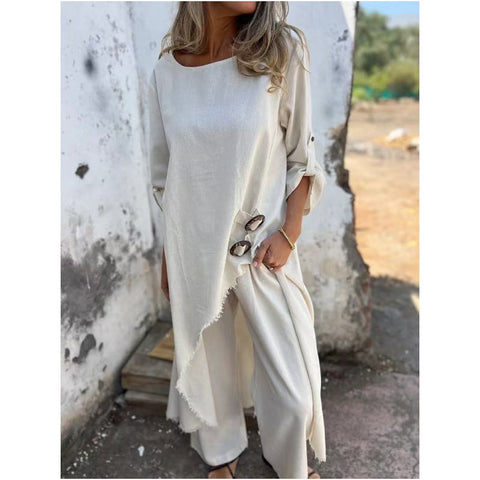 Eddelyn | Frühling und Sommer neues Baumwoll- und Leinenkleid + Zweiteiler Hosen-Set