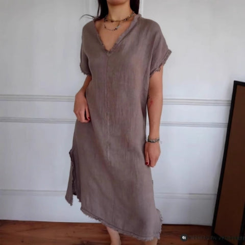 Juliette | Frühlingsneuheit Gelegenheits-Baumwoll-Leinen-Kleid mit V-Ausschnitt und Quaste