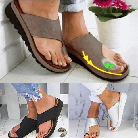 Person wearing brown thong sandals with yellow and green accent details on sole, shown from ankle down. Below are two