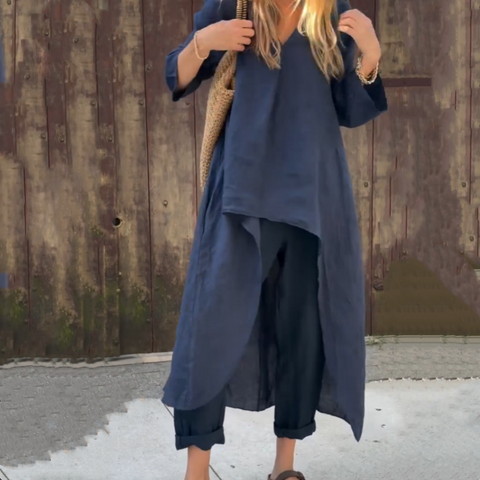 Hayley | Zweiteiliges Set aus Oberteilen und Hosen mit einfarbigem High-Low-Saum